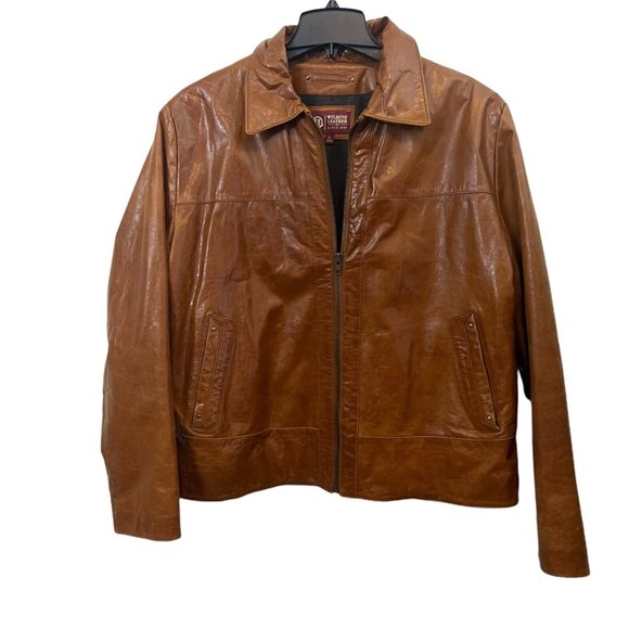 Wilsons Wool Lined Glazed Cognac Leather Moto Biker Bomber Jacket Size Large